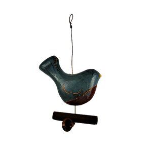 Folk Art Primitive Wood Carved Bird Figurine Bell Earth Tones Green Red READ B-9